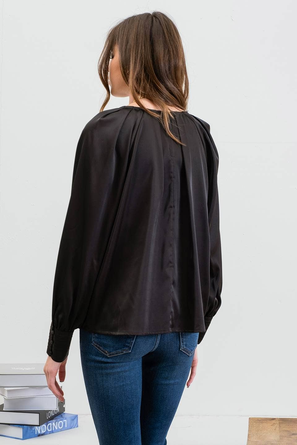 Long Buttoned Bishop Sleeve Top: Black