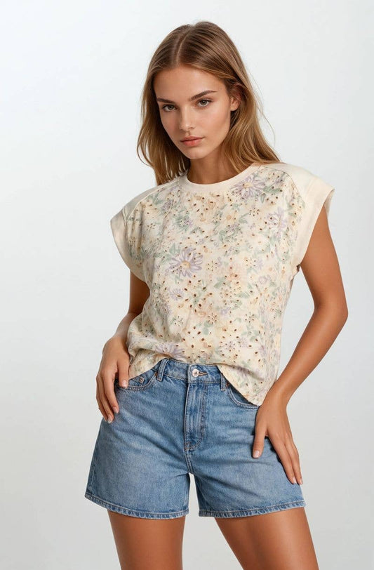 Floral Embroidery Print & Terry Mix Muscle Top