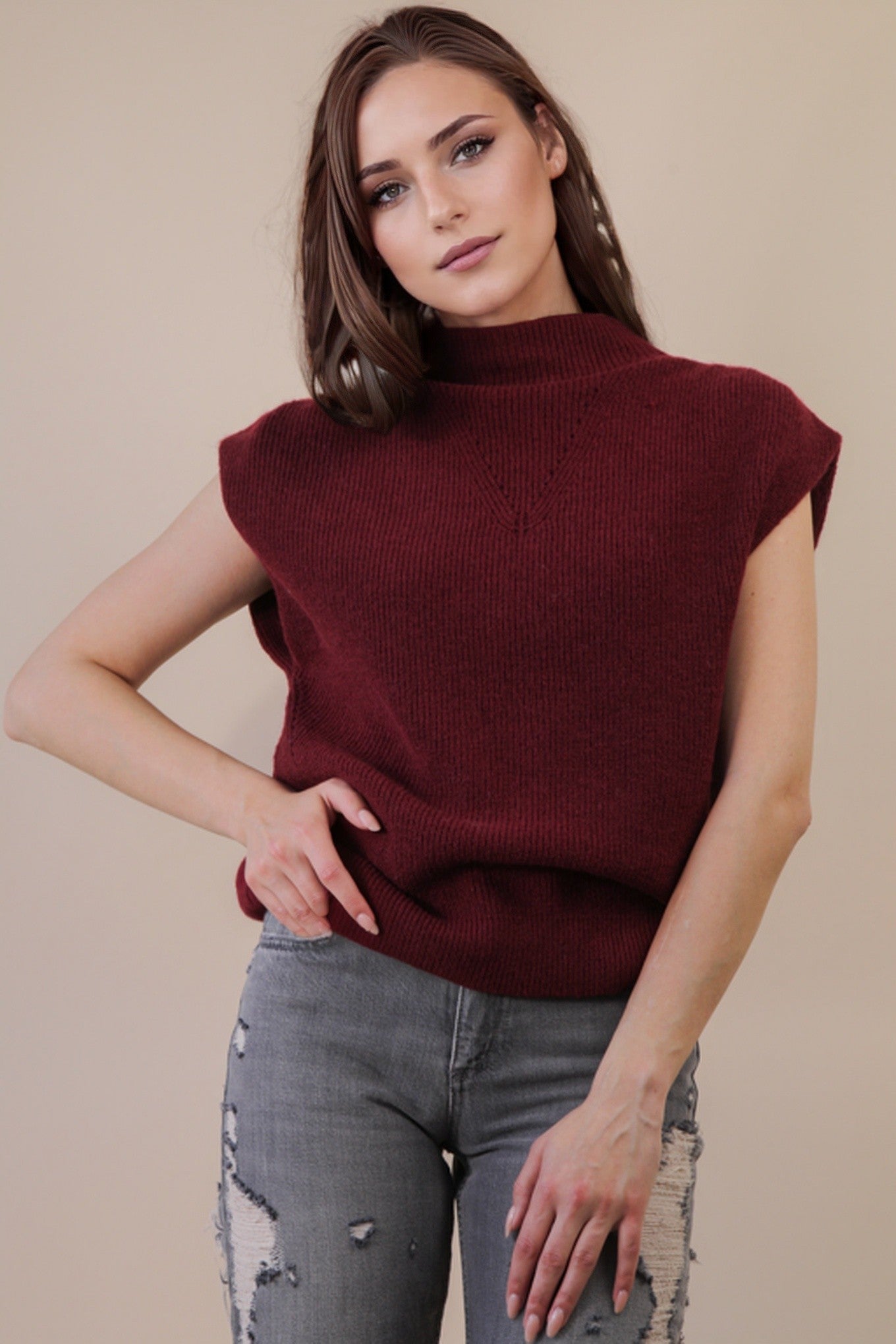Soft Knit Sweater Vest Top - Burgundy