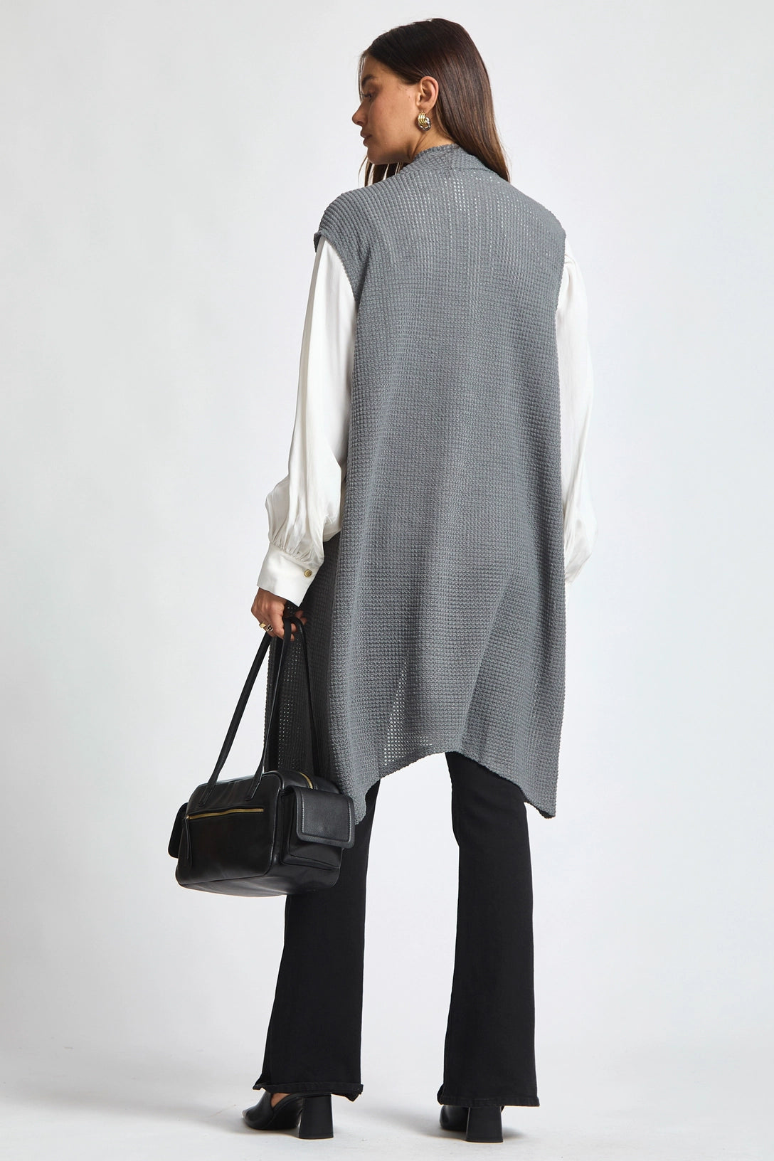 Sleeveless Crochet Midi Vest Cardigan - Charcoal