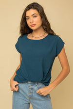 Teal Solid Woven Tee with Front Knot Detail