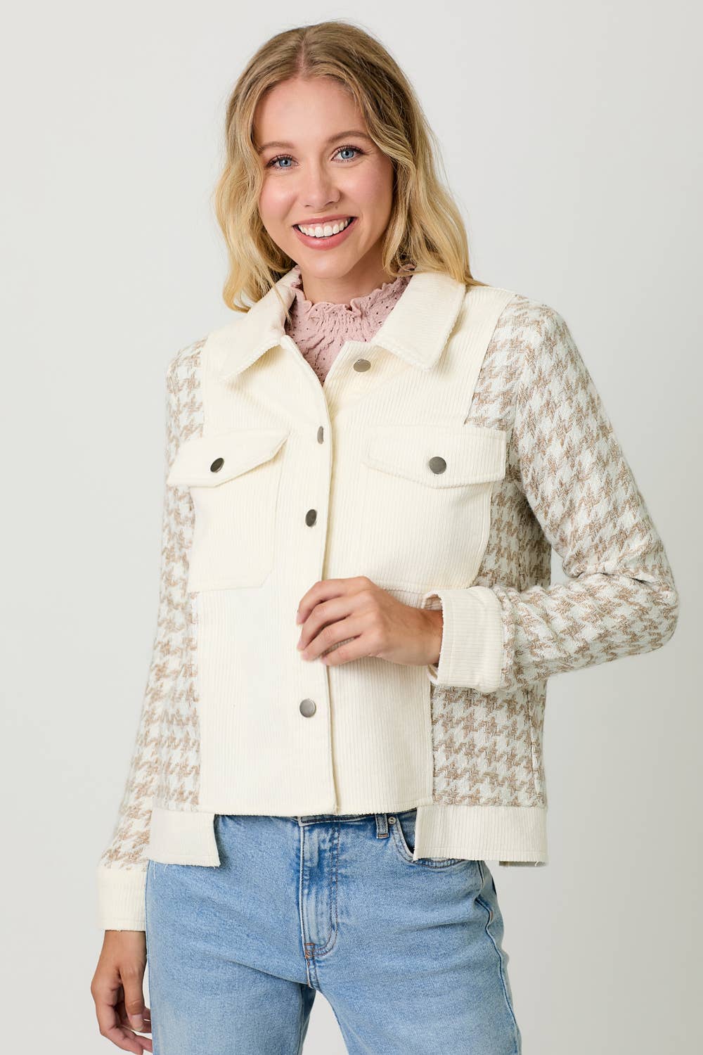 Houndstooth Sleeve Corduroy Jacket: Ivory/Oat