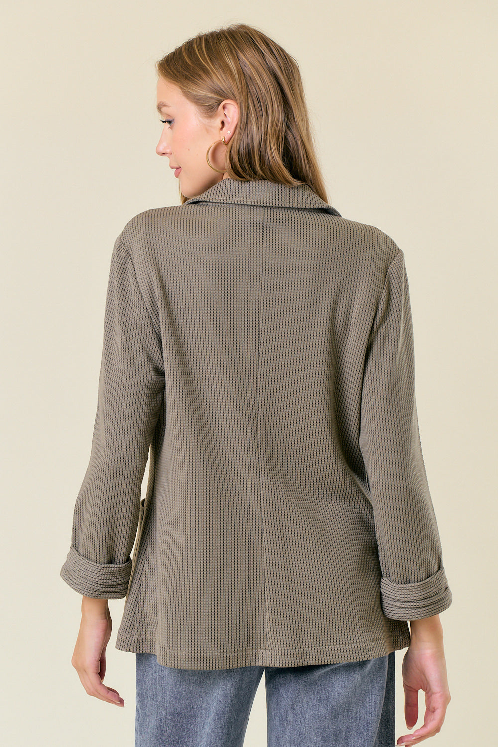 Olive Shirred Sleeve Textured Blazer