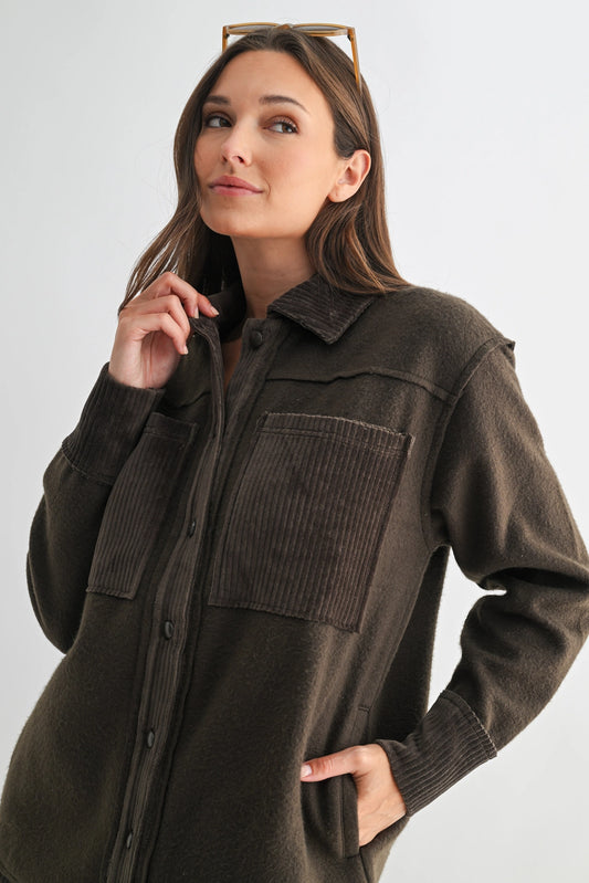 Terrainmix Corduroy & Fleece Shacket - Dark Olive