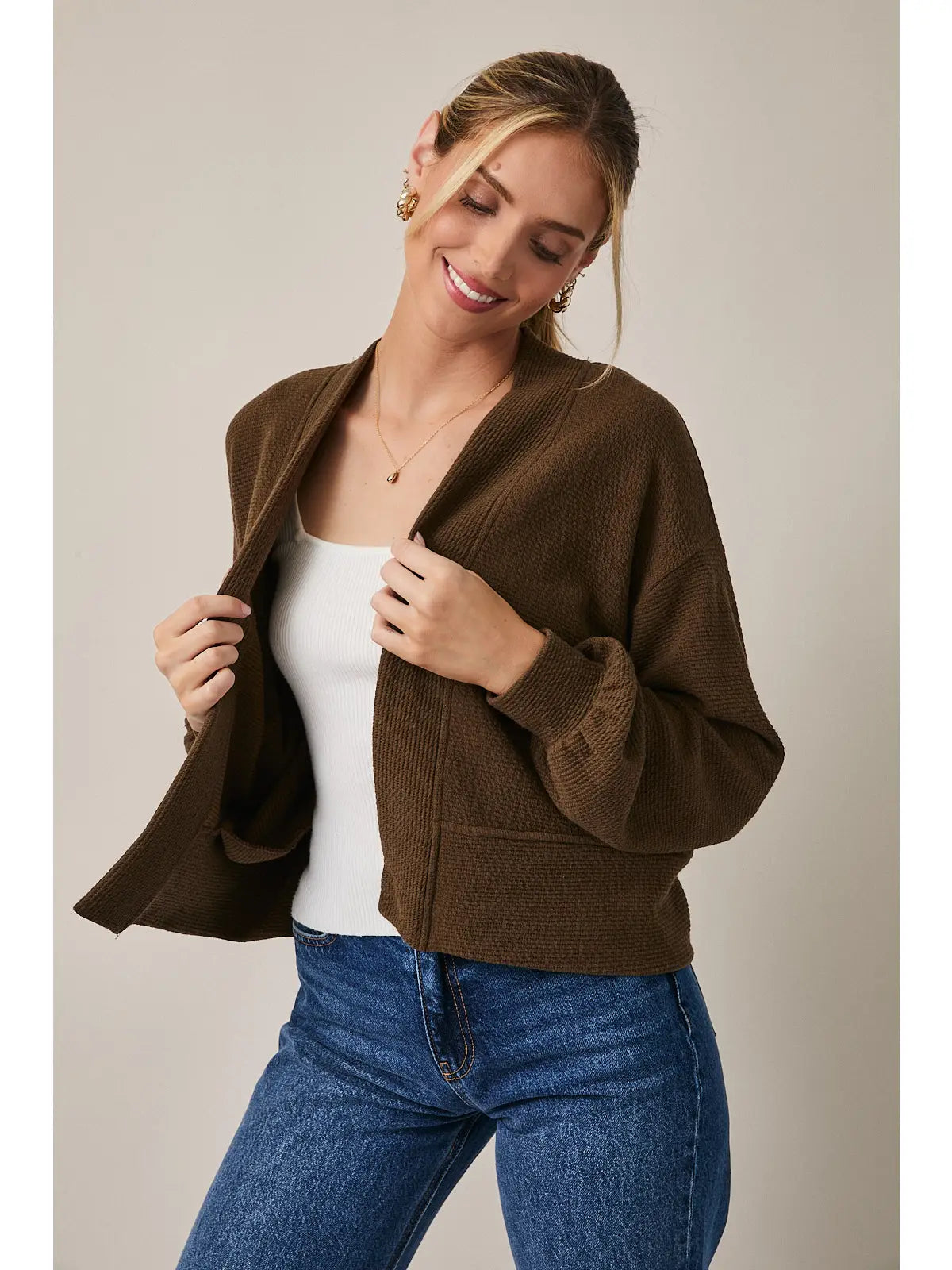 Long Sleeve Cropped Cardigan - Brown