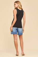 Embroidered Stitching Detail Sleeveless Top - Black