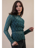 High Neck Sheer Mesh Lace Knit Top - Forest