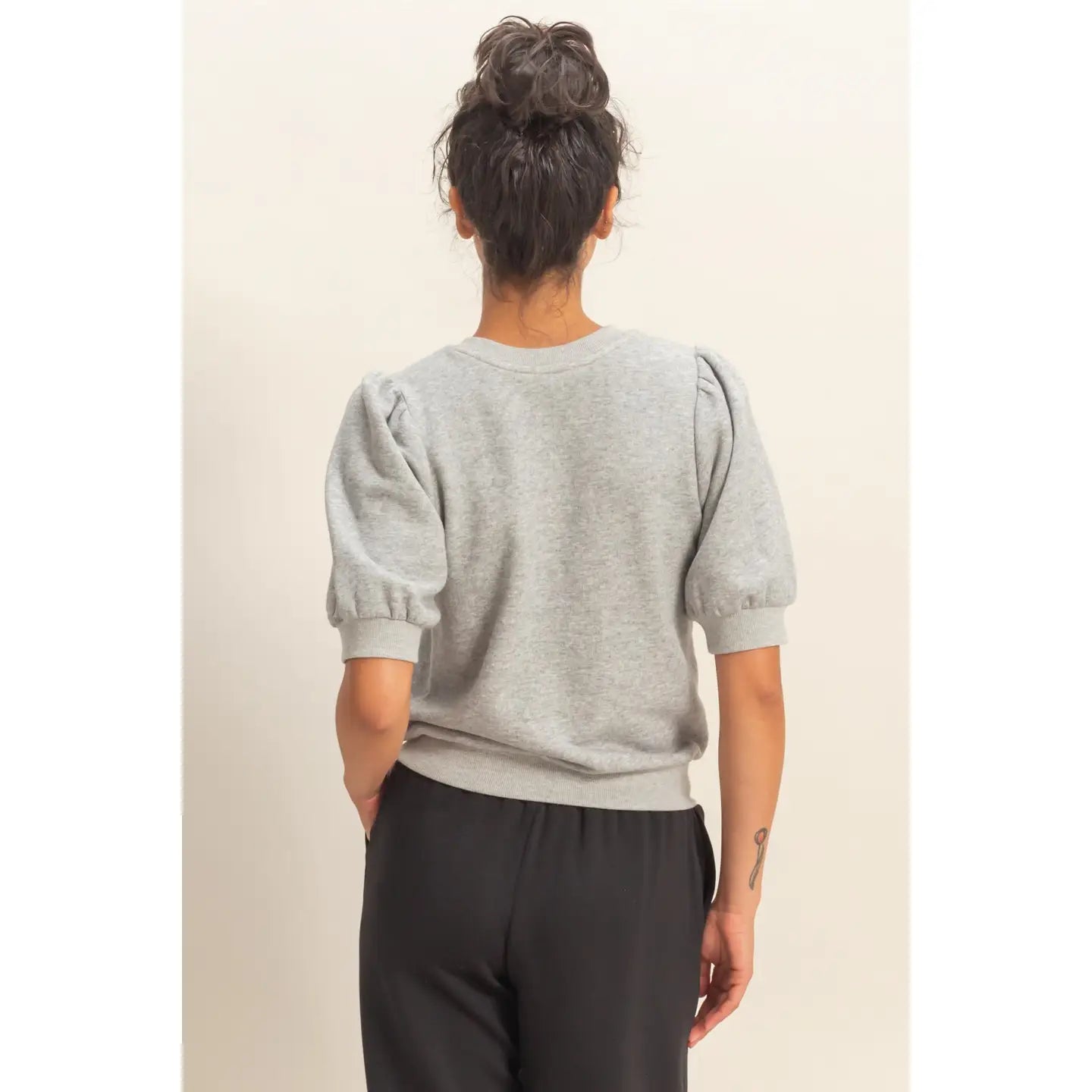 Puff Short Sleeve Crew Neck Top - Heather Grey