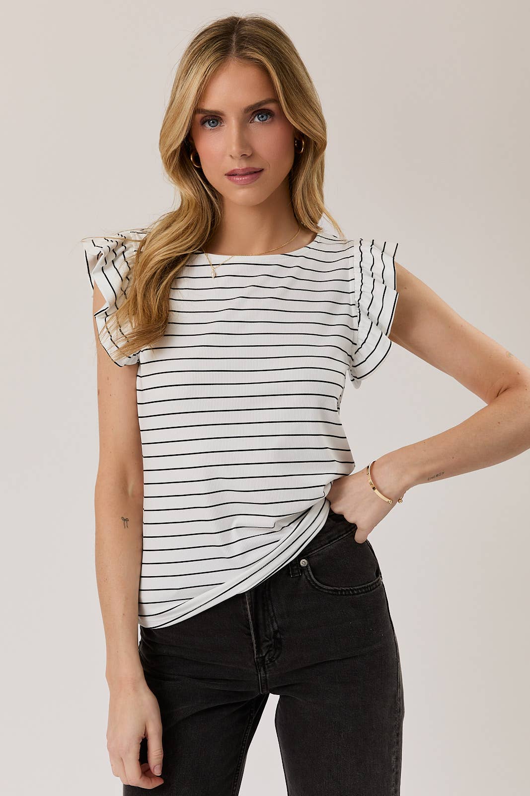 Boat Neck Ruffle Cap Sleeve Top - White/Black