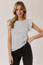 Boat Neck Ruffle Cap Sleeve Top - White/Black