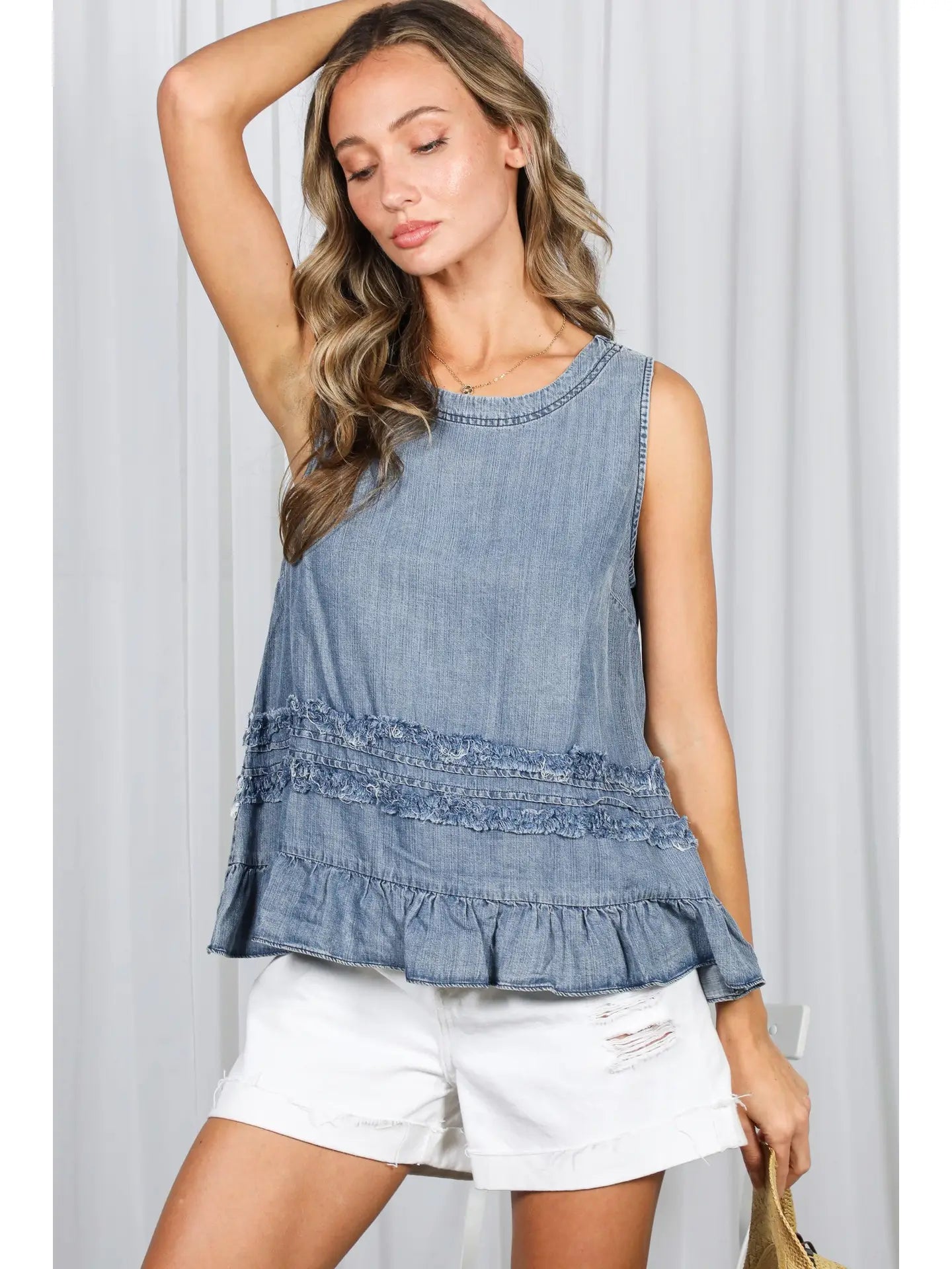 Washed Denim Ruffle Tank Top