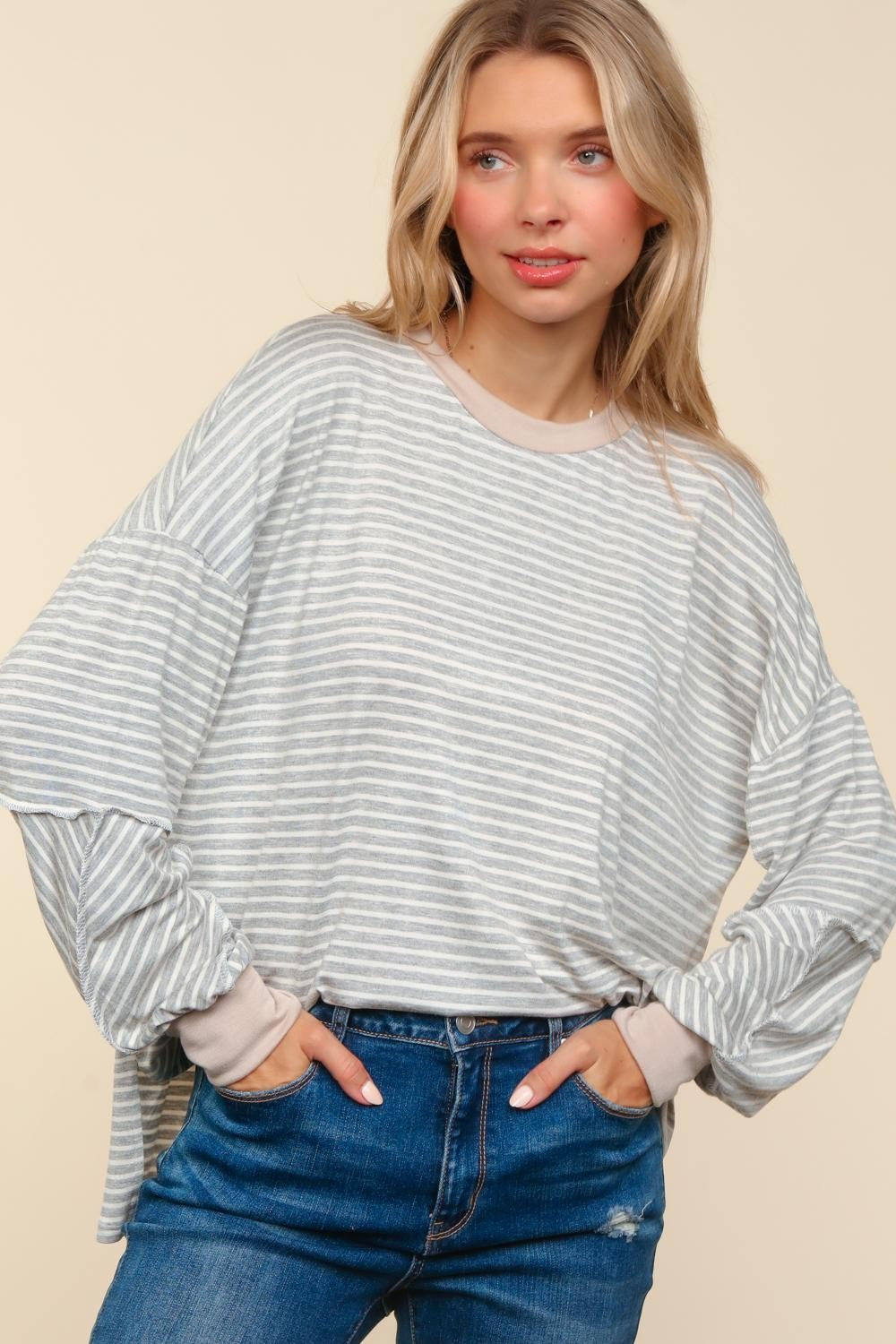 Grey & Ivory Striped Oversized Top