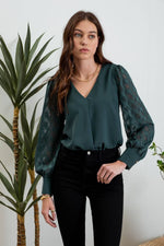 V NECK BACK BUTTONED SHEER PLAID LONG SLEEVE BLOUS: HUNTER GREEN