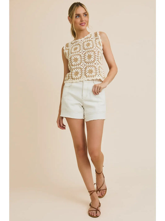 Crochet Tank Top - White & Taupe