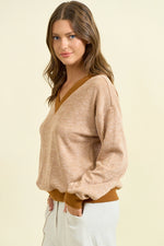 Oversized Vertical Stripe Two-Tone Ribbed Top - Camel