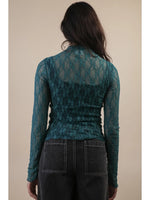 High Neck Sheer Mesh Lace Knit Top - Forest