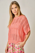 Crochet Short Sleeve Sweater - Coral