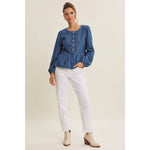 Romantic Twist Heart Buttons Denim Babydoll Top