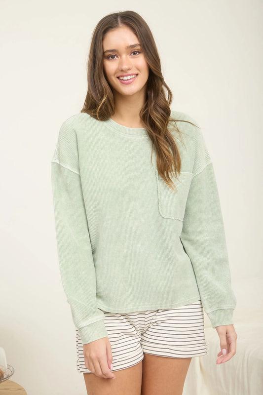 Washed Pocket Detail Ribbed Long Sleeve - Light Olive