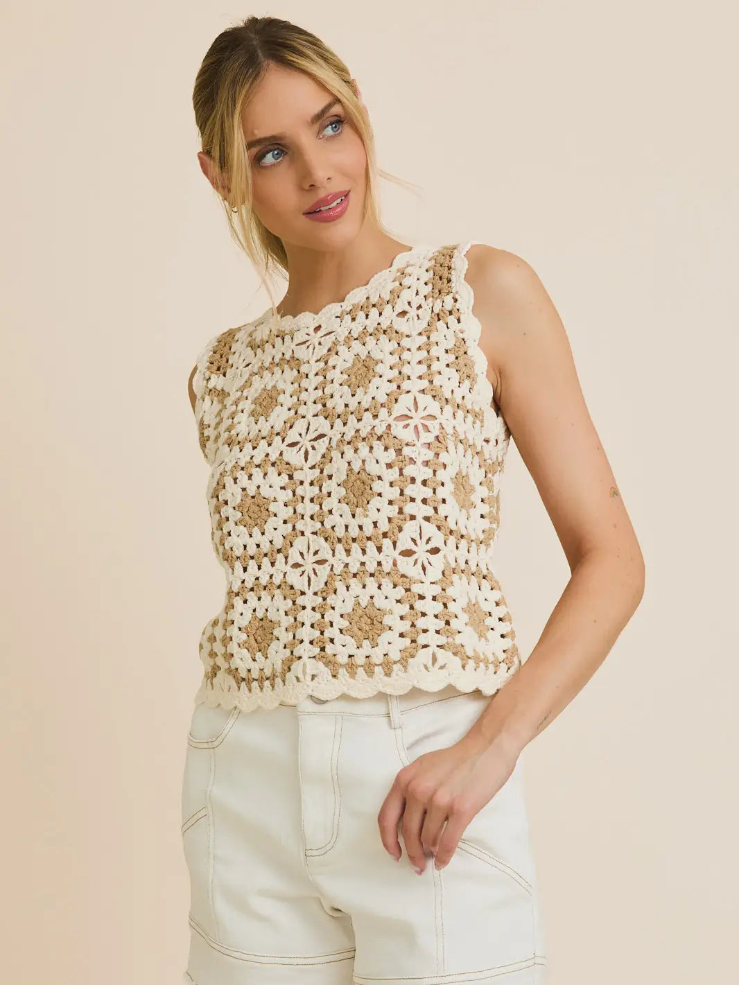 Crochet Tank Top - White & Taupe