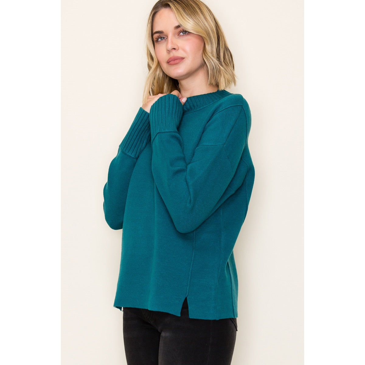 Mock Neck Solid Heavy Sweater - Teal