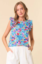 Floral Print Round Neck Ruffled Cap Sleeve Shirt