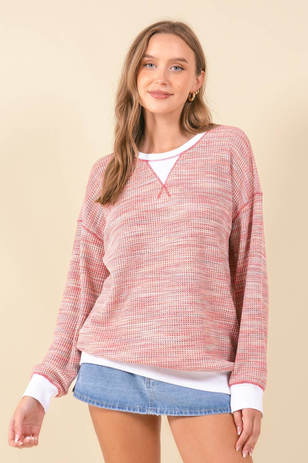 Waffle Knit Drop Shoulder Long Sleeve - Red