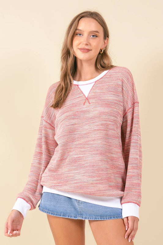 Waffle Knit Drop Shoulder Long Sleeve - Red