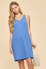 Sleeveless Ribbed Dress w/ Embroidered Stitching - Ocean Blue