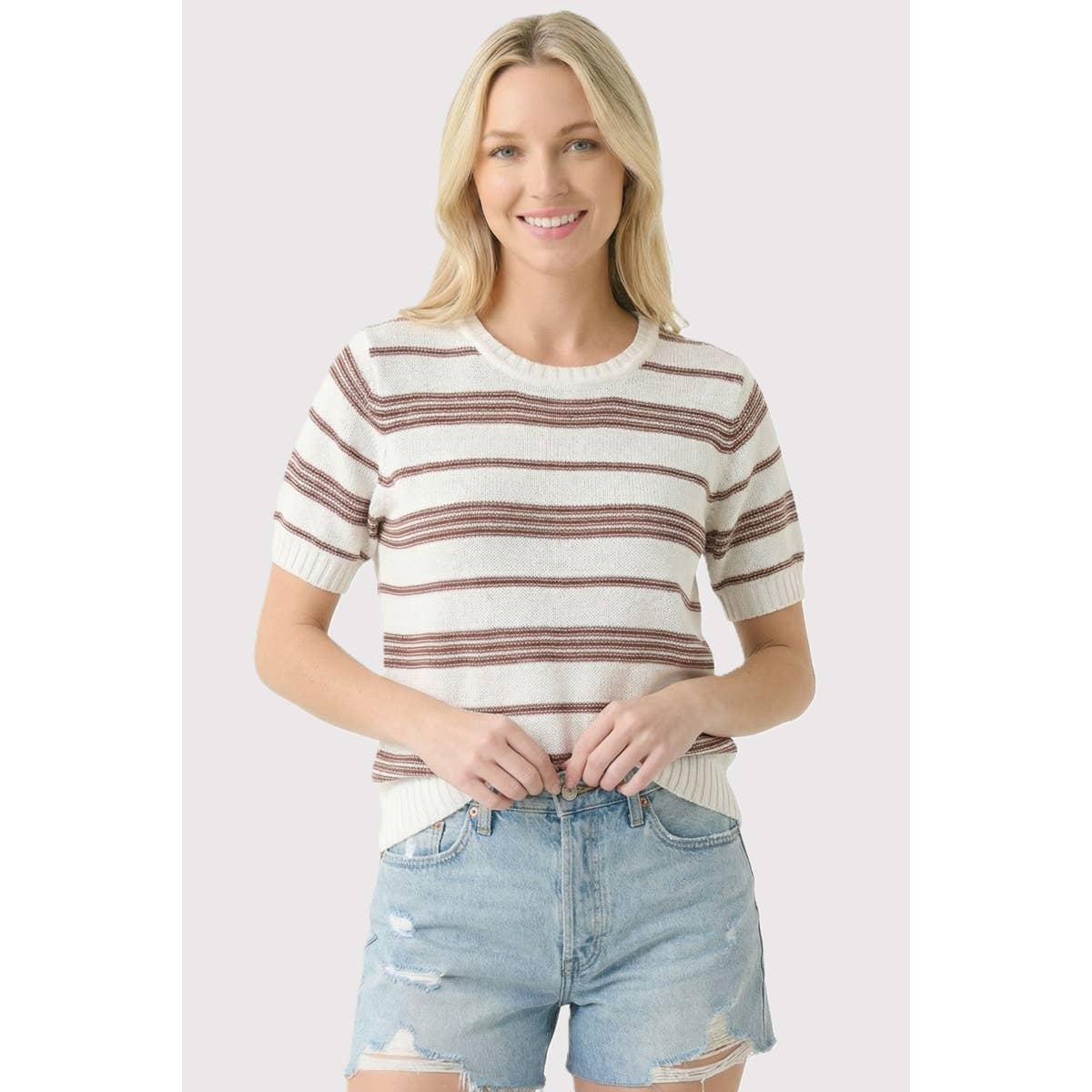 Short Sleeve Striped Sweater: Rust