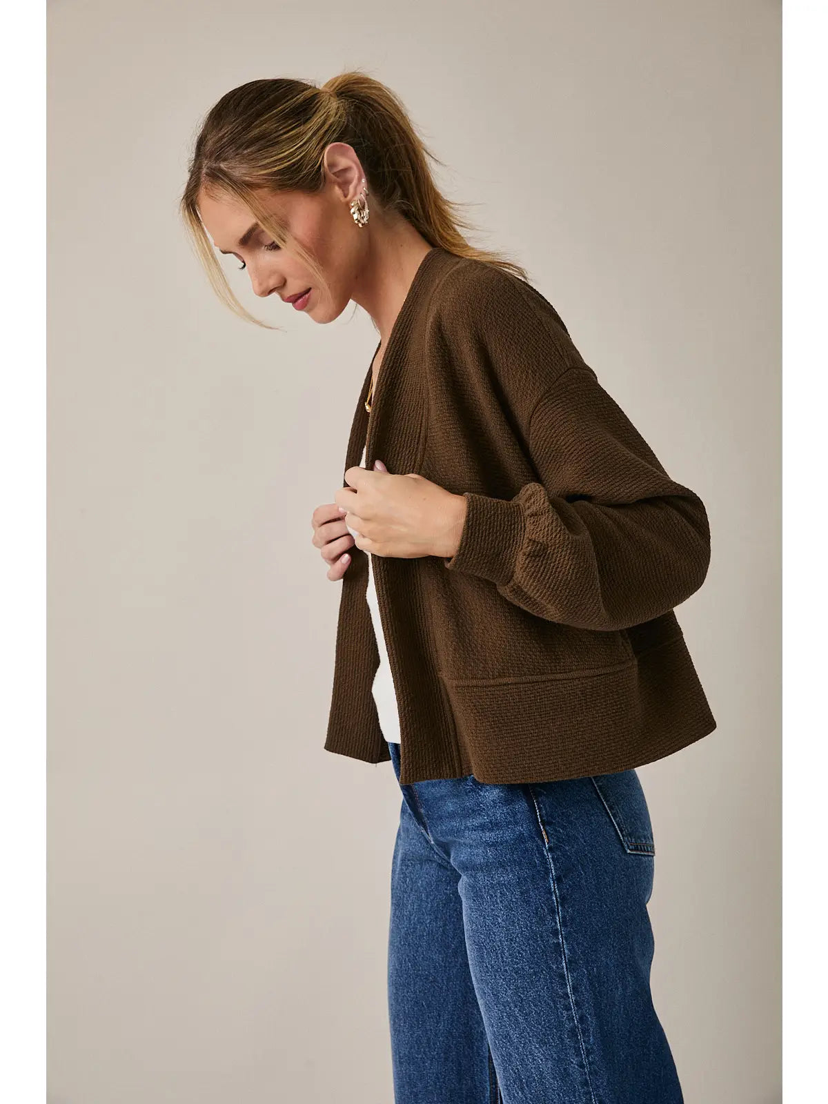 Long Sleeve Cropped Cardigan - Brown