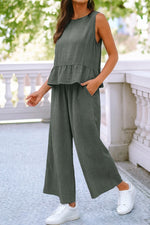 Green Ribbed Ruffle Tank & Pants Set