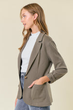 Olive Shirred Sleeve Textured Blazer
