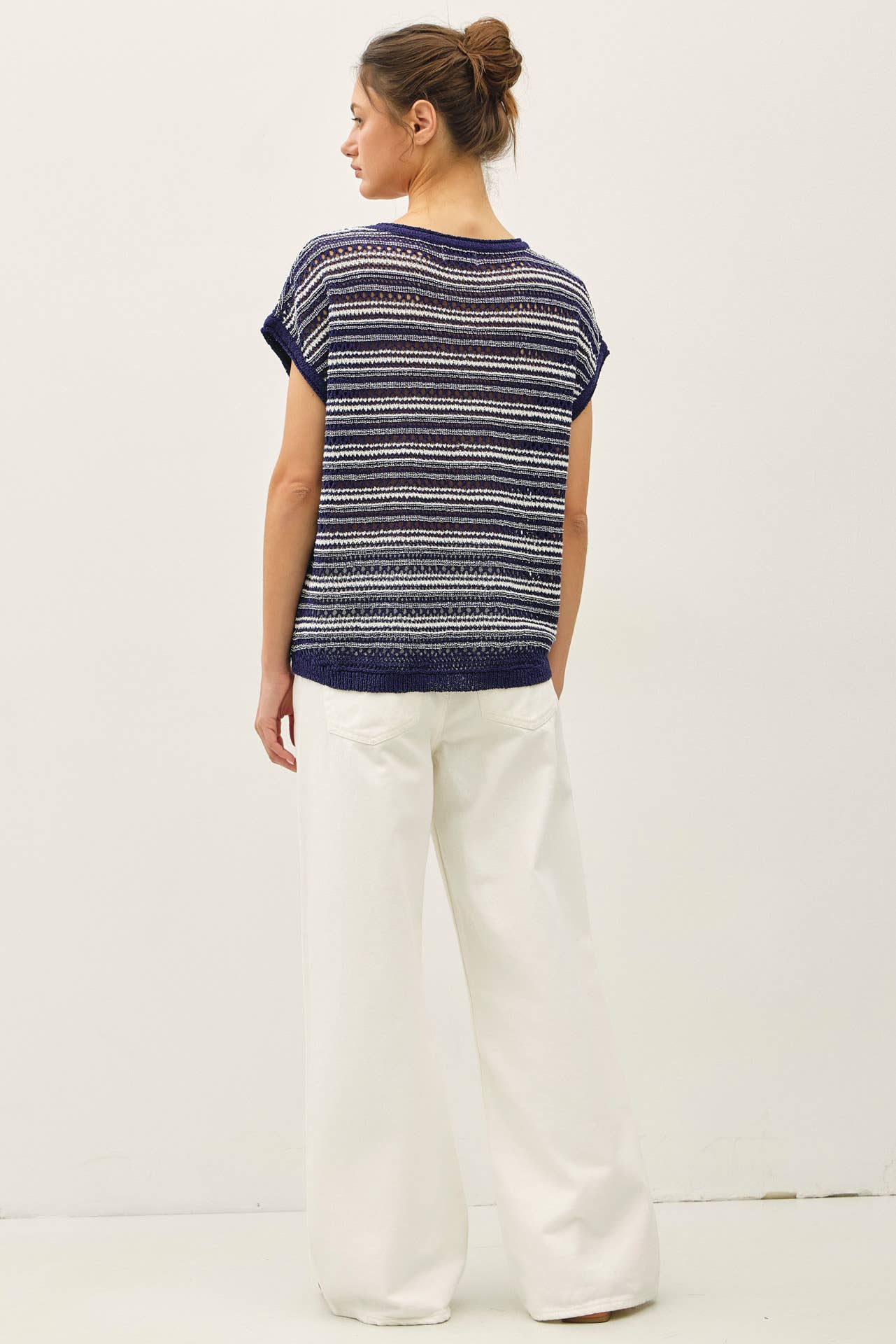 Striped Crochet Sweater Top - Navy