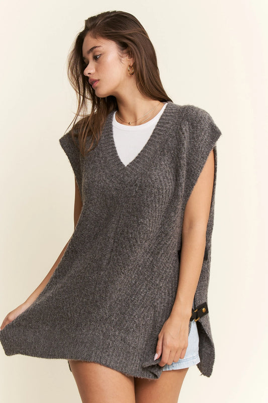 Buckled Oversized Sweater Vest - Charcoal