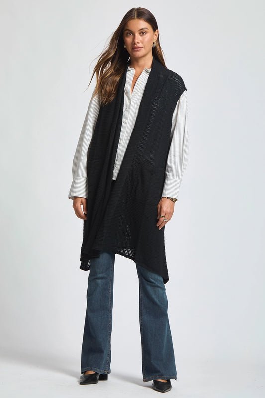 Sleeveless Crochet Midi Vest Cardigan - Black