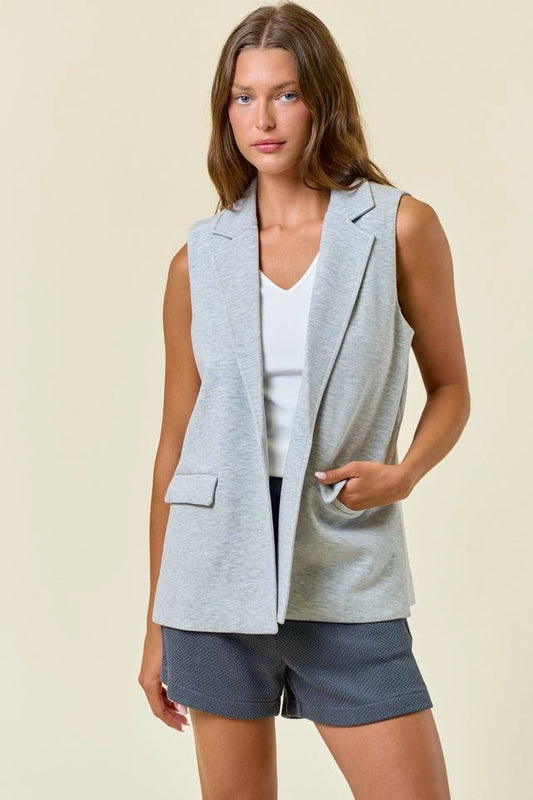 Heather Grey Stretch Knit Open Front Long Vest