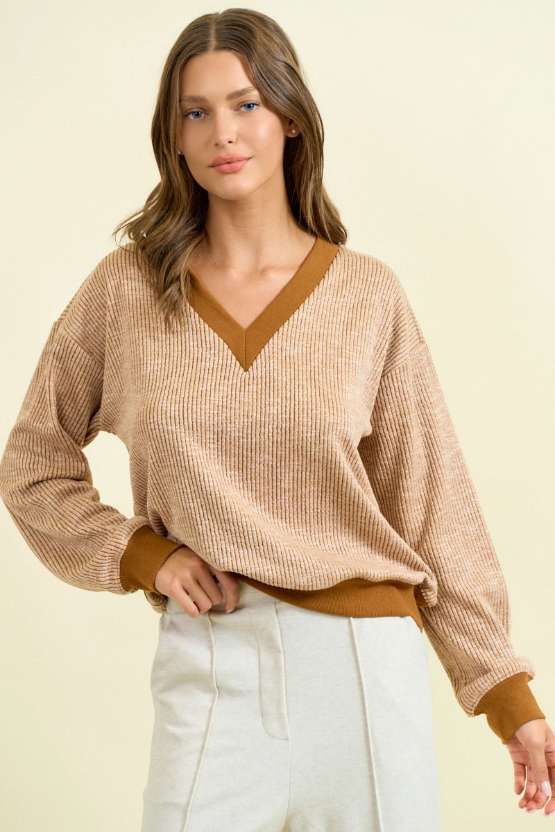 Oversized Vertical Stripe Two-Tone Ribbed Top - Camel
