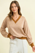 Oversized Vertical Stripe Two-Tone Ribbed Top - Camel