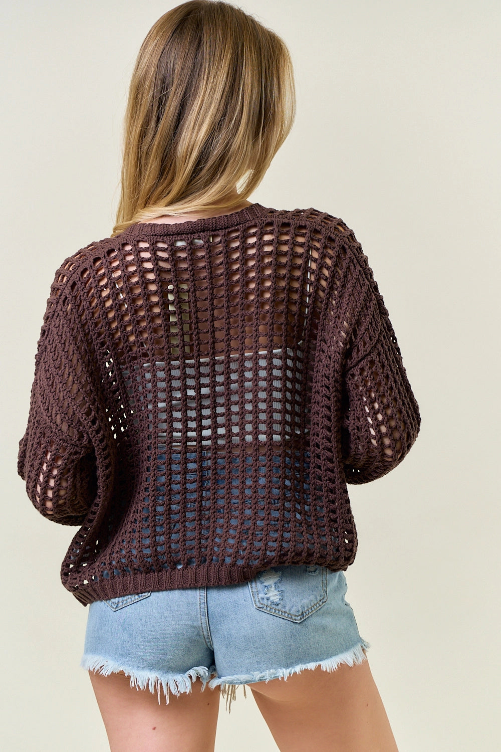 Crochet Fishnet Cropped Cardigan - Espresso