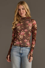 Brown, Cream & Burgundy Floral Mesh Top