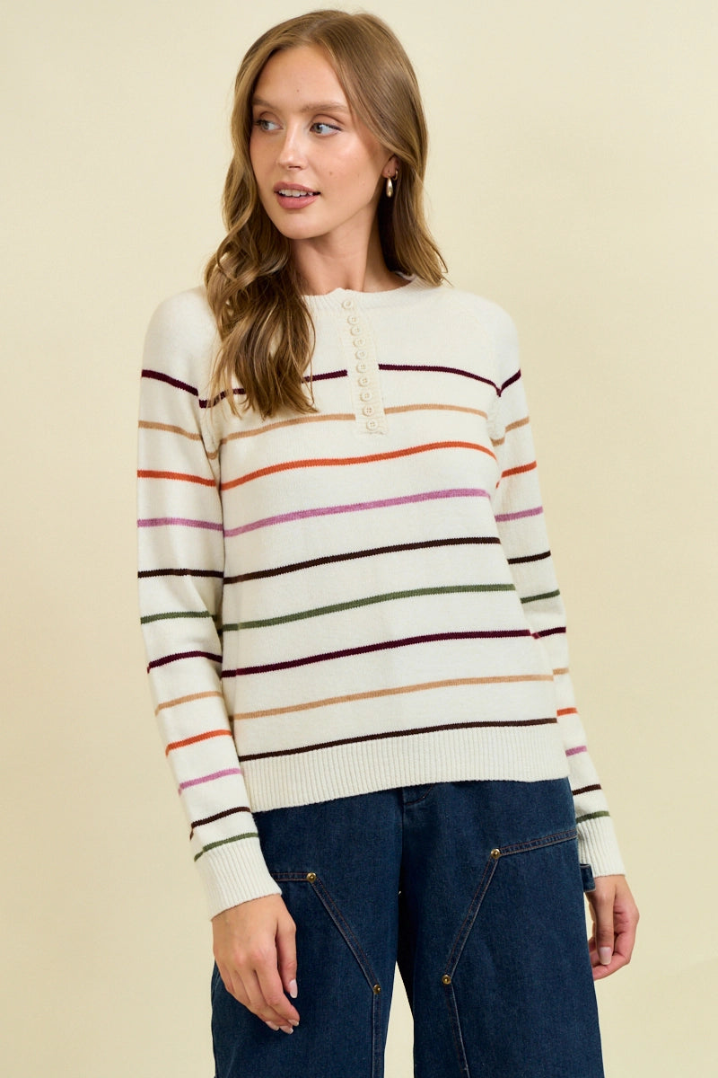 Multi Stripes Button Down Henry Neck Sweater