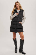 HOODED ZIPPER DOWN LONGLINE PUFFER VEST: Black