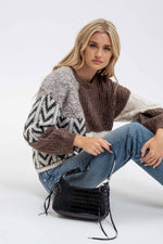 Colorblock Chevron Cable Knit Sweater: Brown Multi