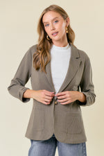 Olive Shirred Sleeve Textured Blazer