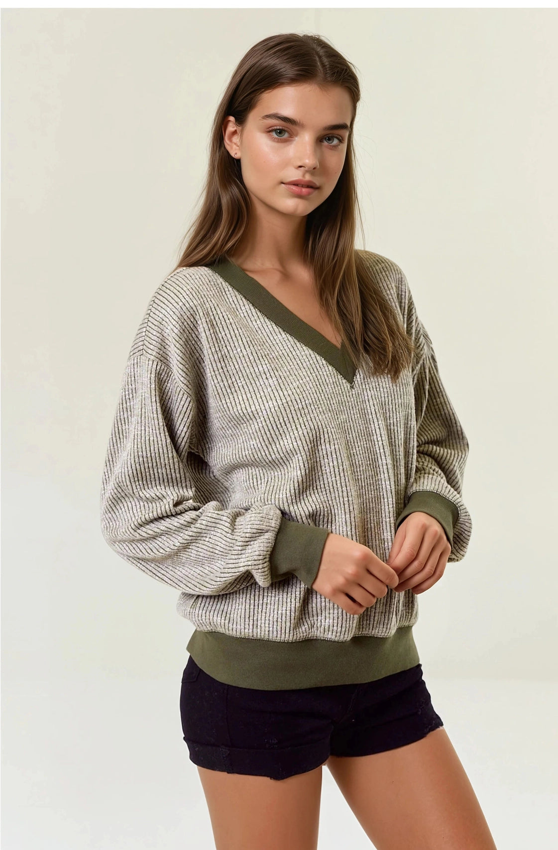 Oversized Vertical Stripe Two-Tone Ribbed Top - Olive