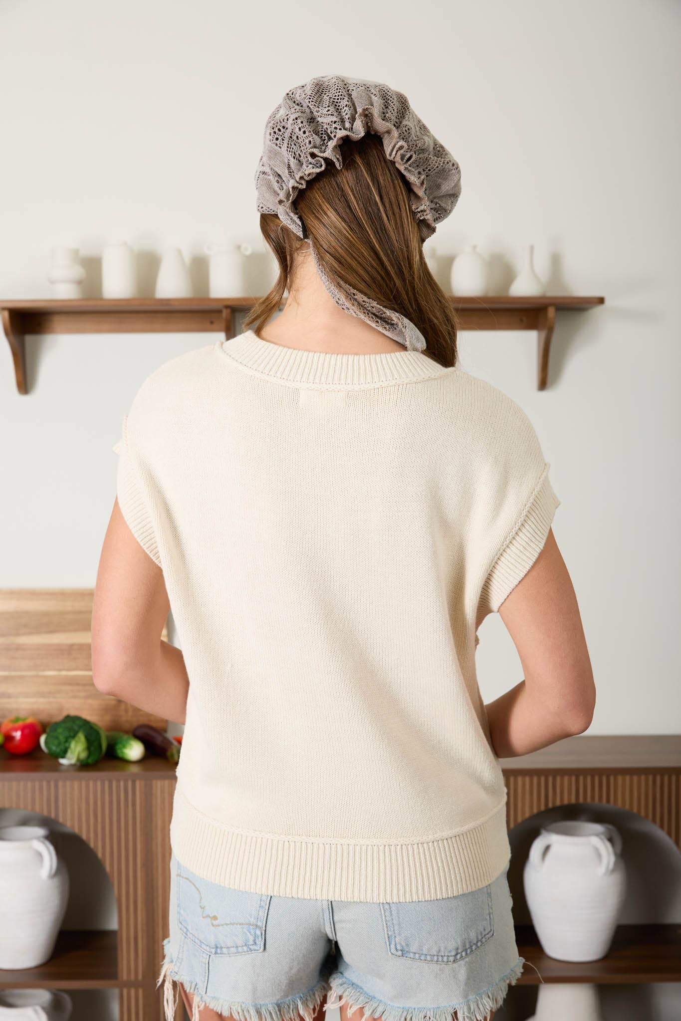 Exposed Seam Short Sleeve Cardigan - Cream