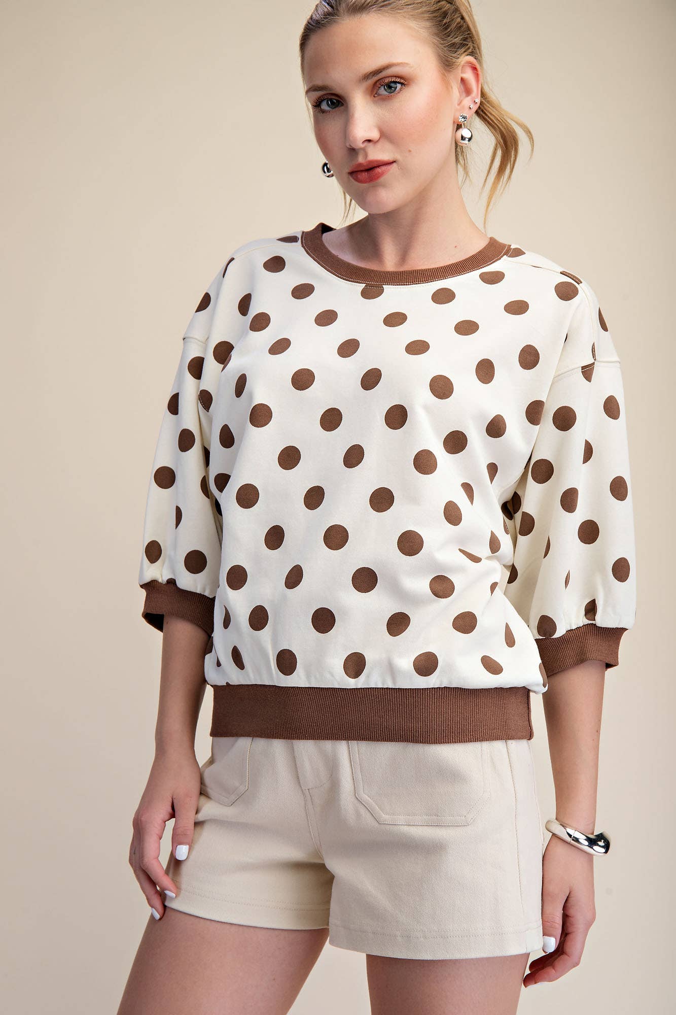 Round Neck Bubble Sleeve Polka Dot Sweatshirt