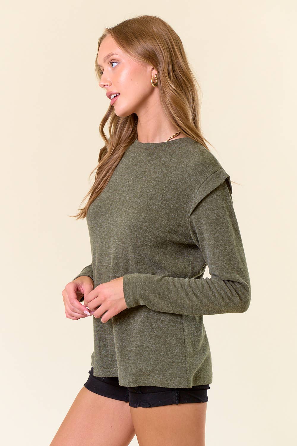 Soft Knit Banded Long Sleeve Top - OLIVE