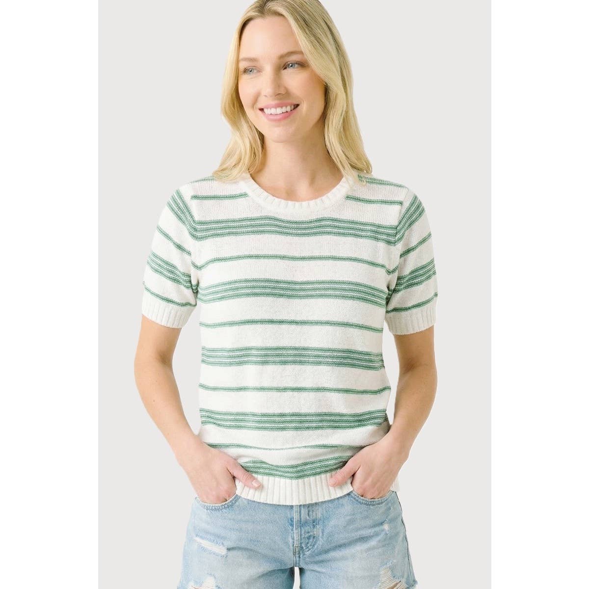 Short Sleeve Striped Sweater - Jade